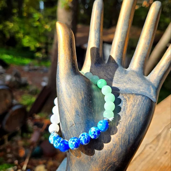 Blue Sodalite Jade & Moonstone stretch 8" bracelet NATURAL CRYSTAL GEMS - Picture 1 of 5